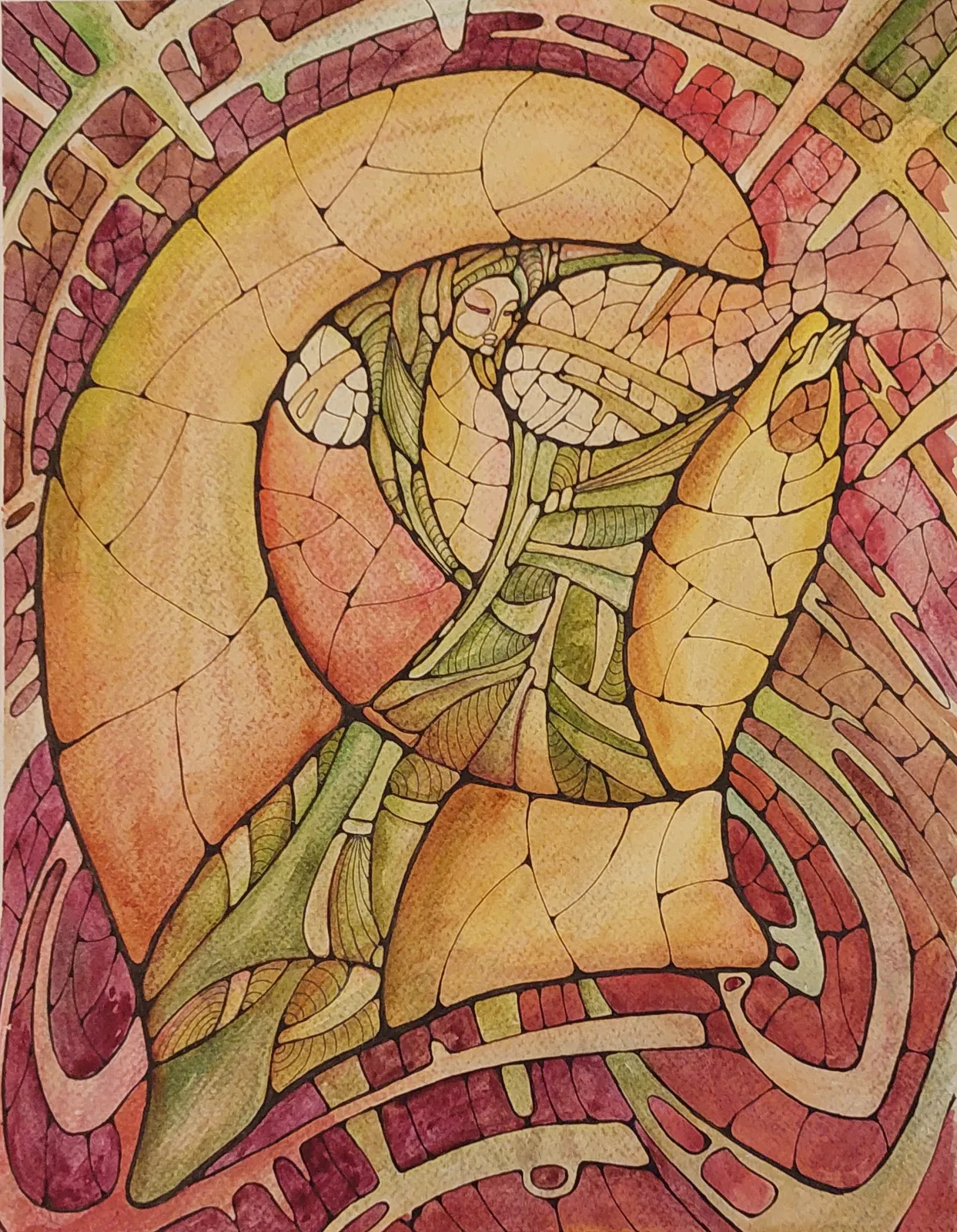 Image of Stone Maiden by Oksana Lopokha, size: A3, made of Watercolor, paper, ink, Graphics medium, from Ukraine, part of the "Figures" series, priced at $200