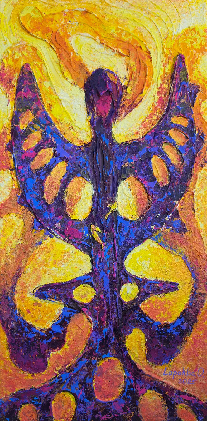 Image of Unburnable Wings by Oksana Lopokha, size: 25x50, made of Acrylic, texture paste, Painting medium, from Ukraine, part of the "Figures" series, priced at $480